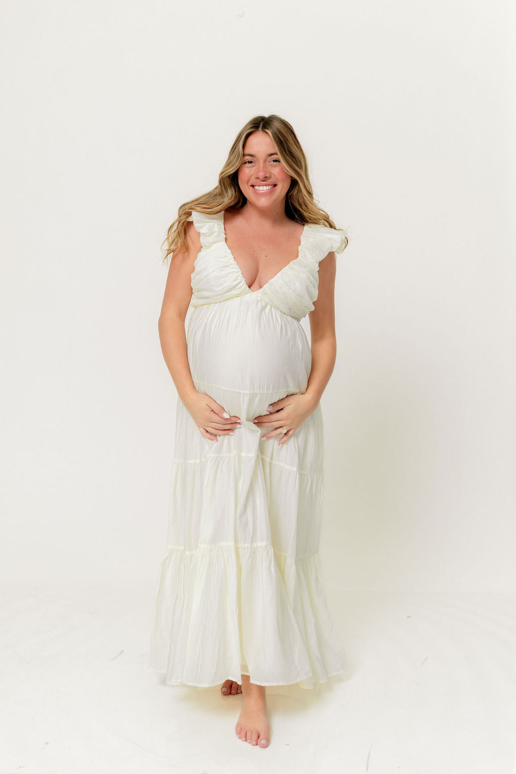 Katy Pleated Bodice Maxi Dress in Cream - Bump Friendly