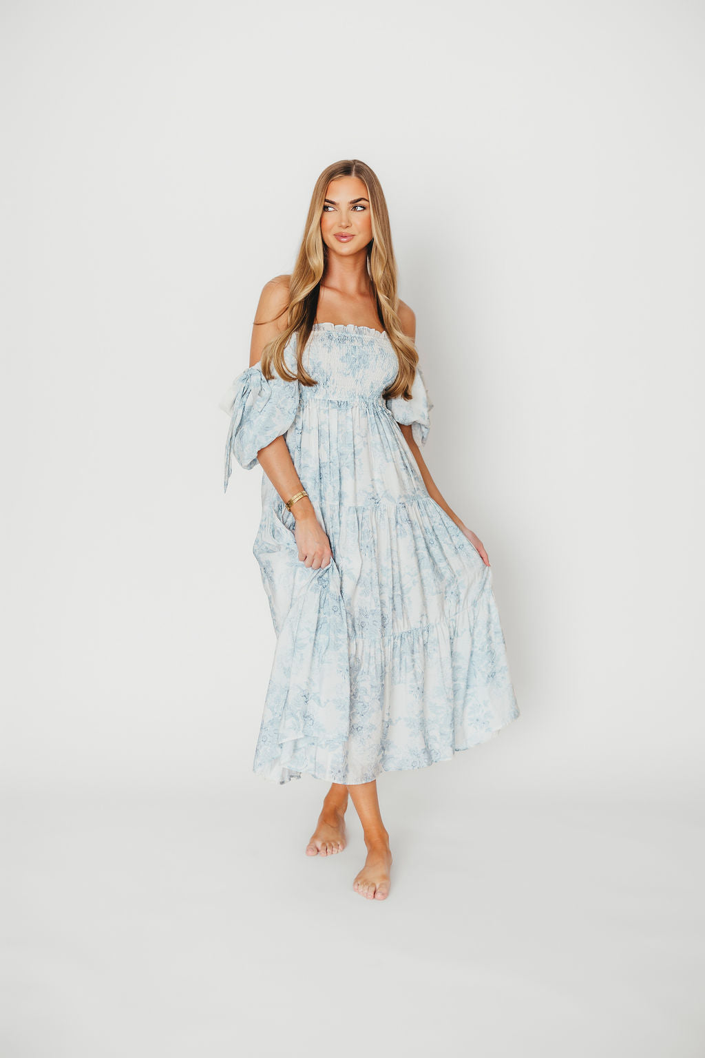 Elena Floral Print Smocked Midi Dress in Blue - Bump Friendly & Inclusive Sizing *7/20 PRE-ORDER*