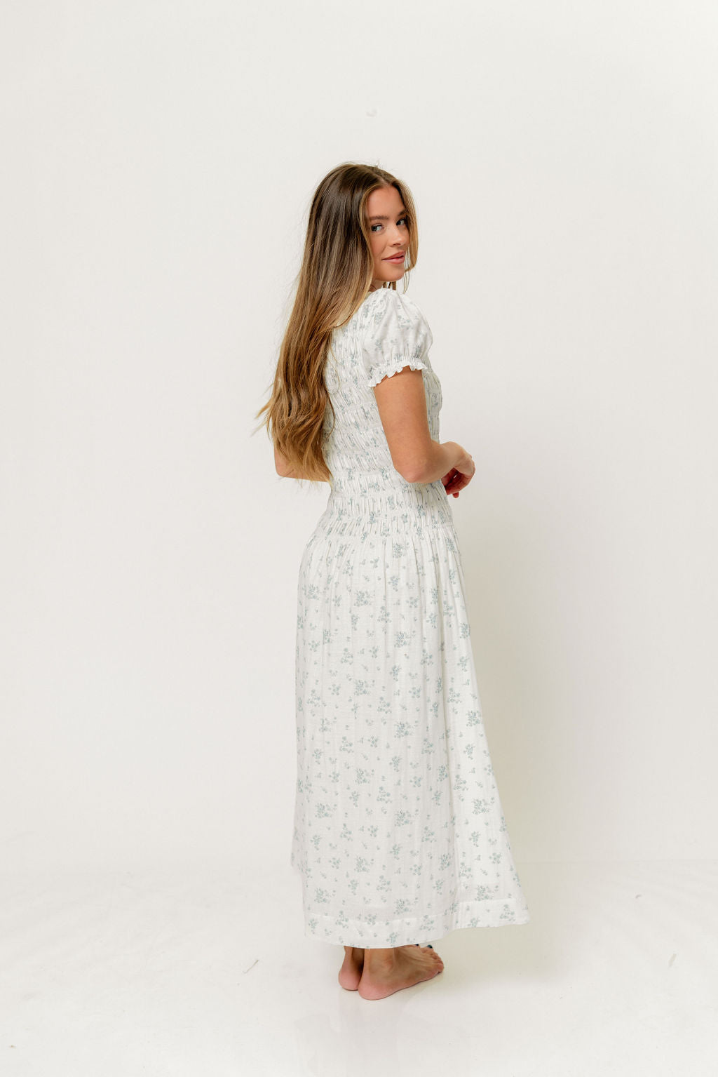 Orchard 100% Cotton Smocked Maxi Dress in Off White/Blue - Bump Friendly