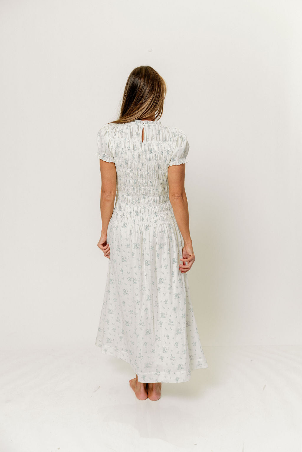 Orchard 100% Cotton Smocked Maxi Dress in Off White/Blue - Bump Friendly