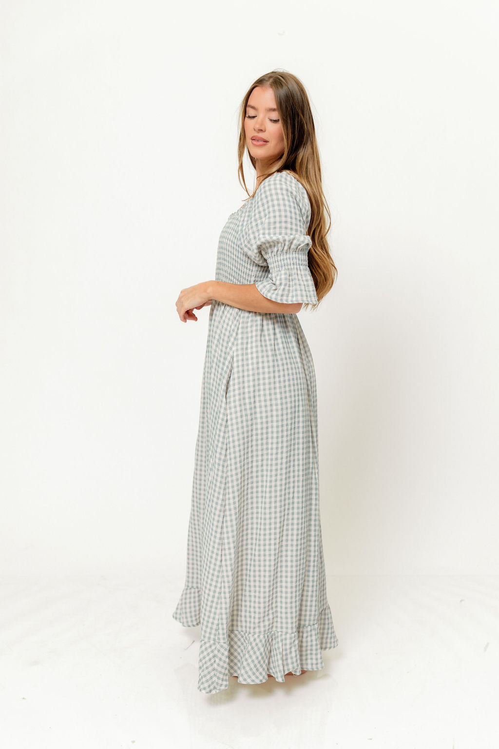 Sienna 100% Cotton Puff Sleeve Maxi Dress in Light Indigo Plaid (Lined) - Bump Friendly