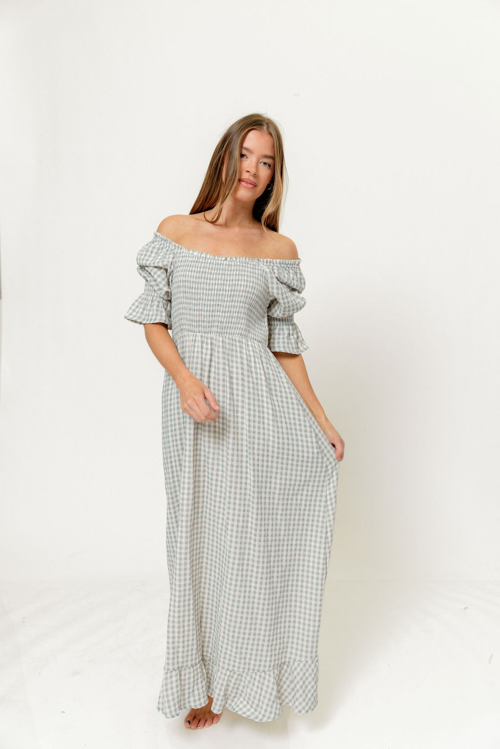 Sienna 100% Cotton Puff Sleeve Maxi Dress in Light Indigo Plaid (Lined) - Bump Friendly