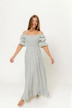 Sienna 100% Cotton Puff Sleeve Maxi Dress in Light Indigo Plaid (Lined) - Bump Friendly