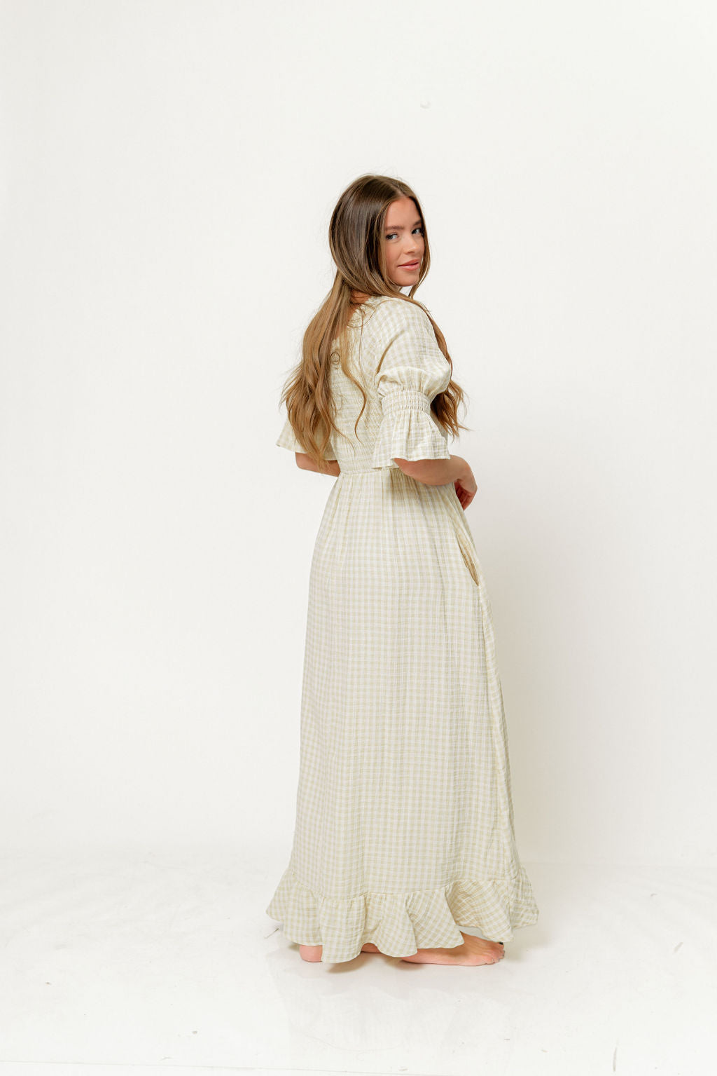 Sienna 100% Cotton Puff Sleeve Maxi Dress in Custard Plaid (Lined) - Bump Friendly