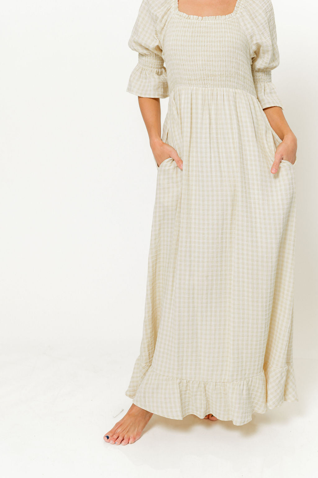 Sienna 100% Cotton Puff Sleeve Maxi Dress in Custard Plaid (Lined) - Bump Friendly