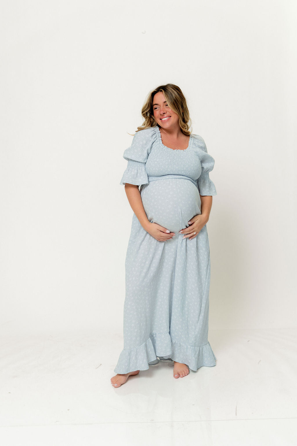 Sienna 100% Cotton Puff Sleeve Maxi Dress in Baby Blue Foliage - Bump Friendly