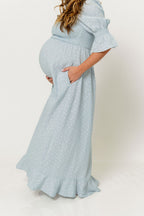 Sienna 100% Cotton Puff Sleeve Maxi Dress in Baby Blue Foliage - Bump Friendly