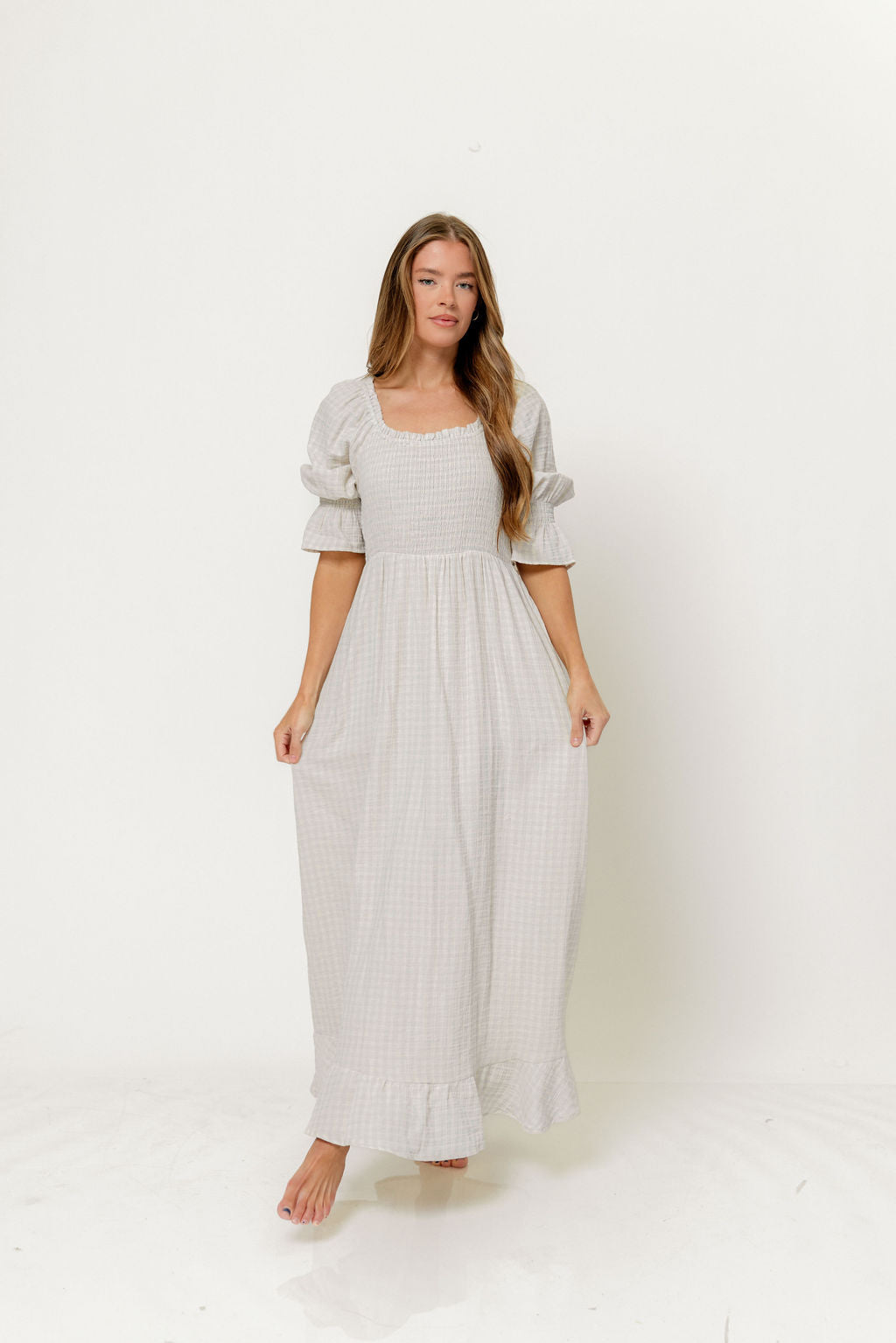 Sienna 100% Cotton Puff Sleeve Maxi Dress in Baby Blue Plaid (Lined) - Bump Friendly
