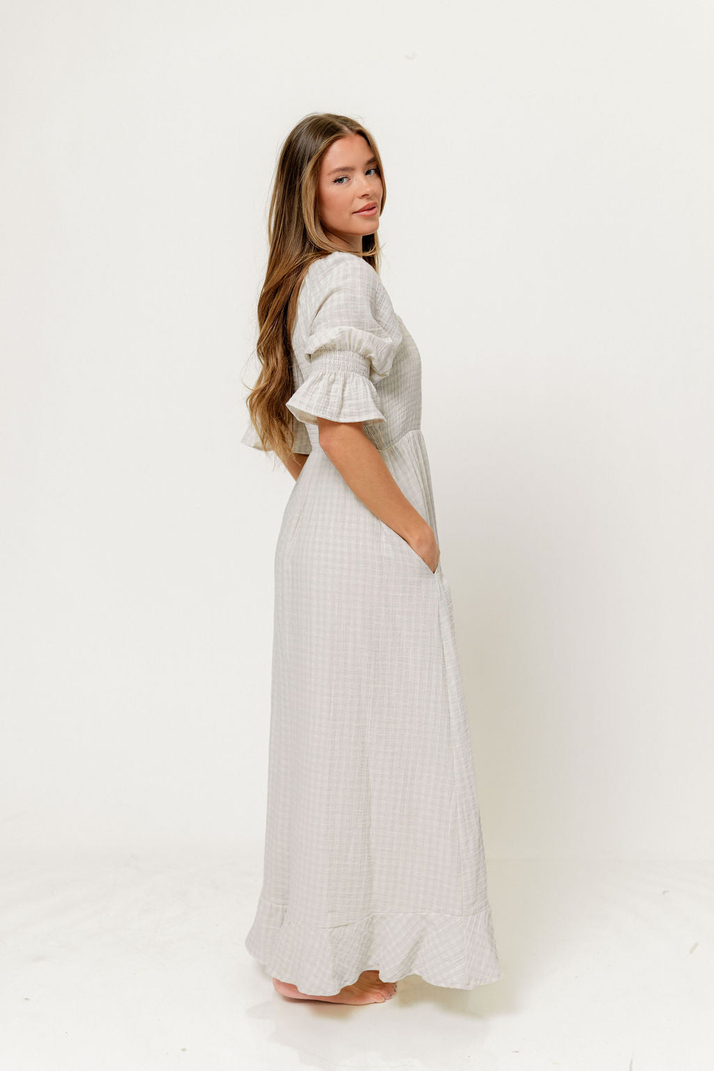 Sienna 100% Cotton Puff Sleeve Maxi Dress in Baby Blue Plaid (Lined) - Bump Friendly