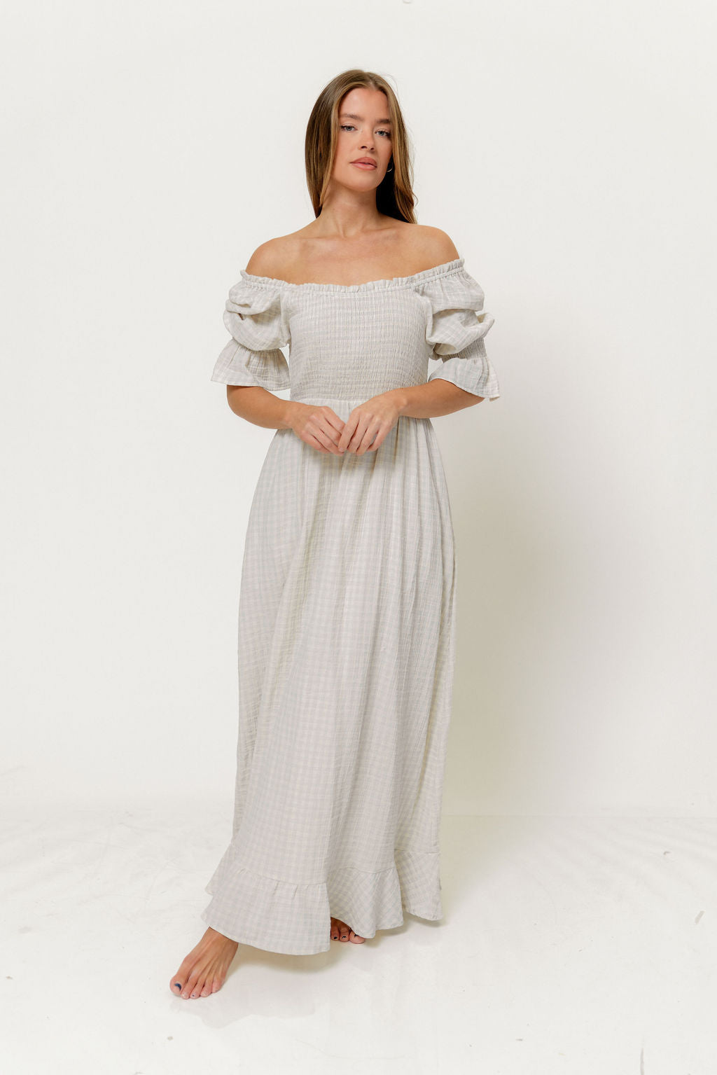 Sienna 100% Cotton Puff Sleeve Maxi Dress in Baby Blue Plaid (Lined) - Bump Friendly