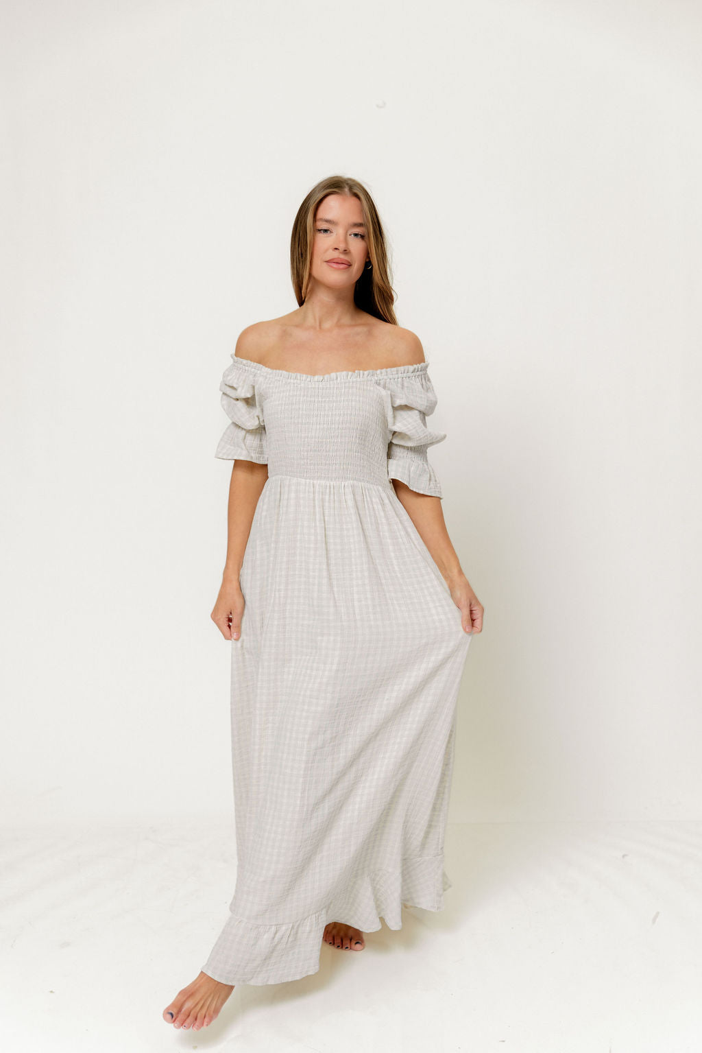 Sienna 100% Cotton Puff Sleeve Maxi Dress in Baby Blue Plaid (Lined) - Bump Friendly