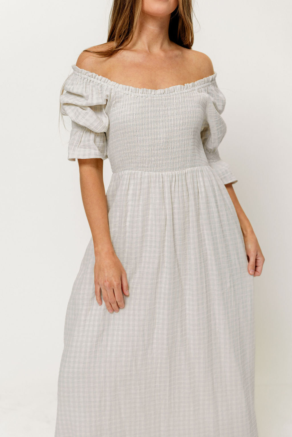 Sienna 100% Cotton Puff Sleeve Maxi Dress in Baby Blue Plaid (Lined) - Bump Friendly