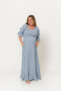 Sienna 100% Cotton Puff Sleeve Maxi Dress in Light Indigo Foliage - Bump Friendly