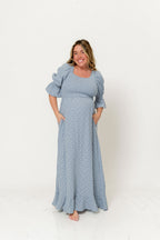 Sienna 100% Cotton Puff Sleeve Maxi Dress in Light Indigo Foliage - Bump Friendly