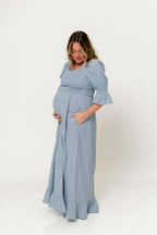 Sienna 100% Cotton Puff Sleeve Maxi Dress in Light Indigo Foliage - Bump Friendly