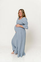 Sienna 100% Cotton Puff Sleeve Maxi Dress in Light Indigo Foliage - Bump Friendly
