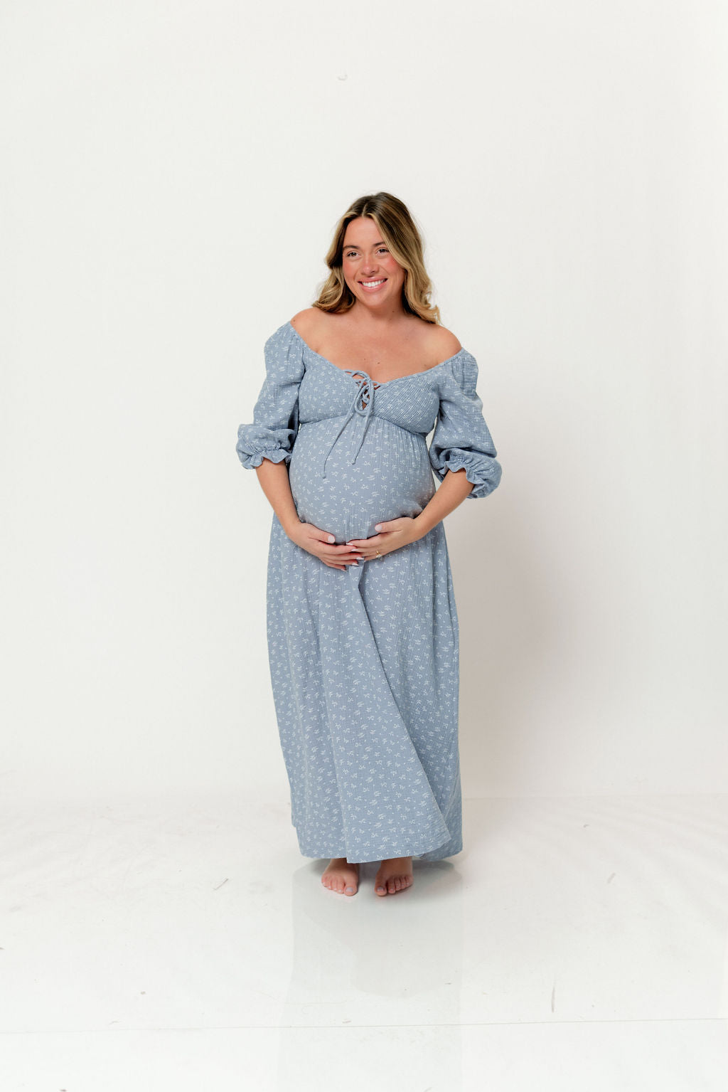 Cecilia 100% Cotton Smocked Maxi Dress in Light Indigo Foliage - Bump Friendly