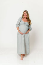 Cecilia 100% Cotton Smocked Maxi Dress in Light Indigo Plaid (Lined) - Bump Friendly