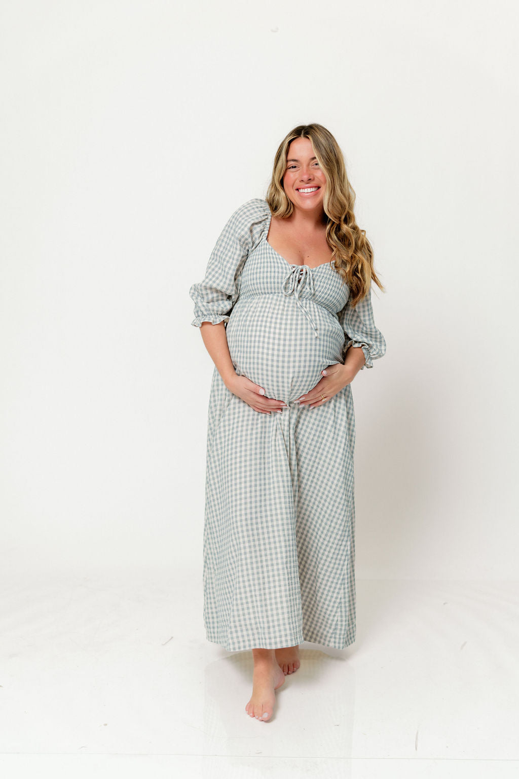 Cecilia 100% Cotton Smocked Maxi Dress in Light Indigo Plaid (Lined) - Bump Friendly