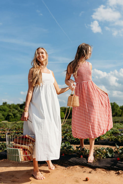 Avril Ribbed Knit Bodice Maxi Dress in Off-White Stripe
