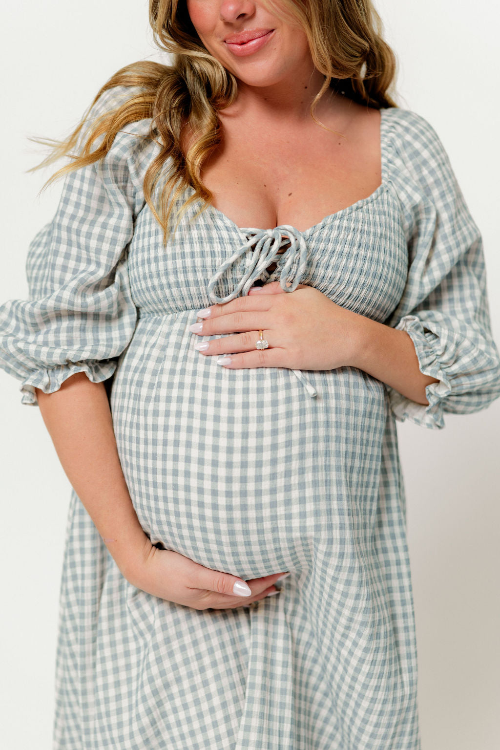 Cecilia 100% Cotton Smocked Maxi Dress in Light Indigo Plaid (Lined) - Bump Friendly