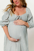 Cecilia 100% Cotton Smocked Maxi Dress in Light Indigo Plaid (Lined) - Bump Friendly