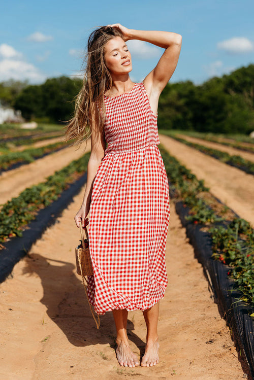 Antonia Bubble Hem Midi Dress in Red Ivory