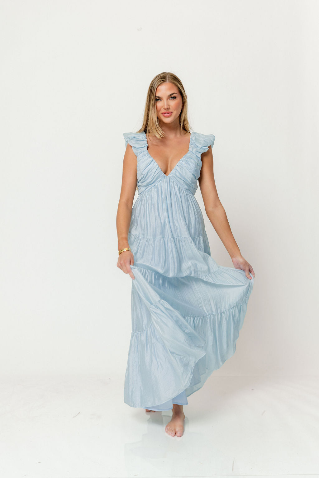 Katy Pleated Bodice Maxi Dress in Light Blue - Bump Friendly