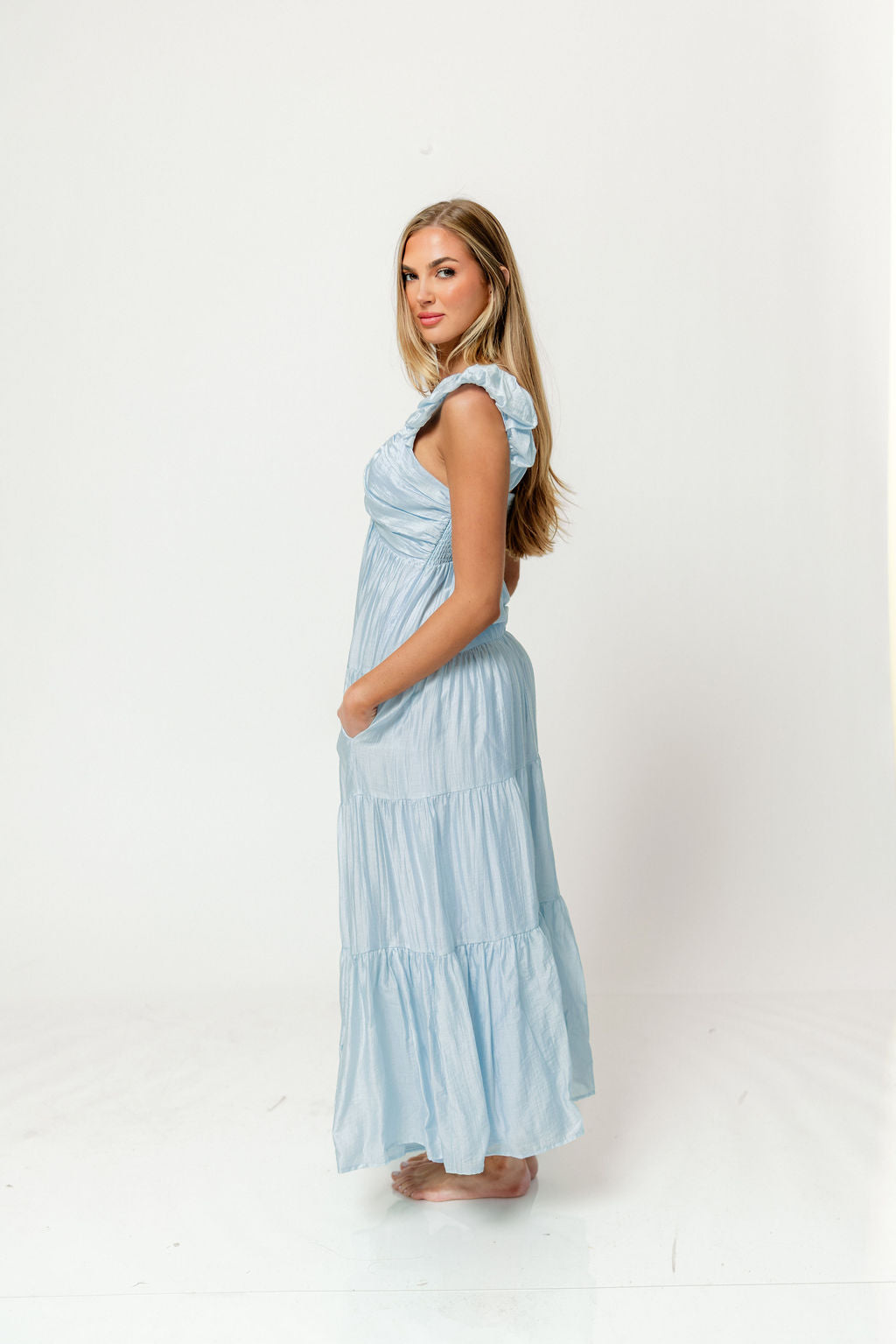 Katy Pleated Bodice Maxi Dress in Light Blue - Bump Friendly