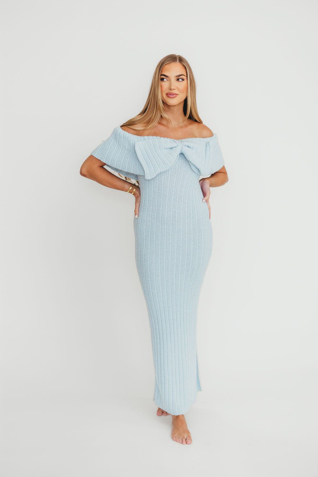 Aston Bow Front Maxi Sweater Dress in Ice Metal – Bump Friendly & Inclusive Sizing (XS-3XL)