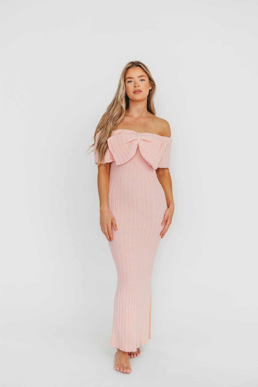 Aston Bow Front Maxi Sweater Dress in Pinkish Petal – Bump Friendly & Inclusive Sizing (XS-3XL)
