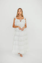 Mikayla 100% Cotton Lace and Gauze Contrast Tiered Maxi Dress in Off White