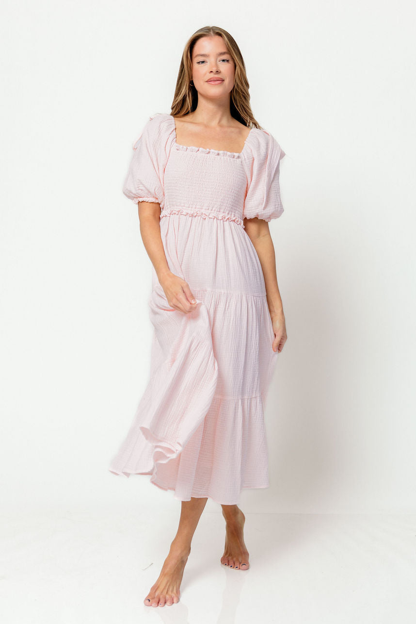 Elena 100% Cotton Midi Dress in Pale Pink - Bump Friendly