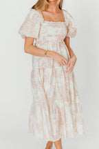 Elena 100% Cotton Toile Print Smocked Midi Dress in Pink - Bump Friendly & Inclusive Sizing