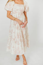 Elena 100% Cotton Toile Print Smocked Midi Dress in Pink - Bump Friendly & Inclusive Sizing