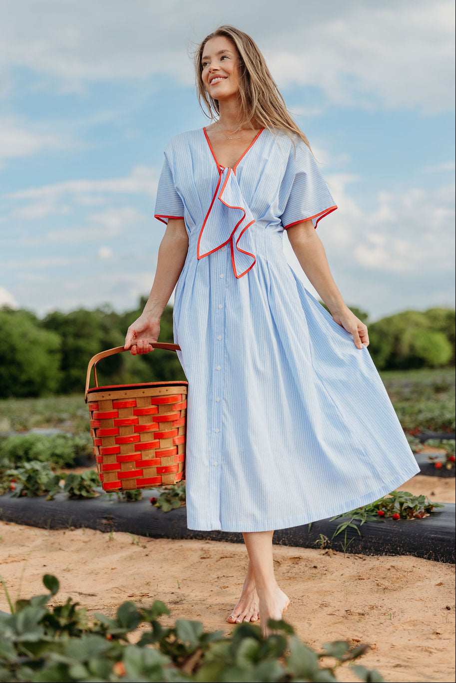 Delphine Midi Dress in Sky/Tomato