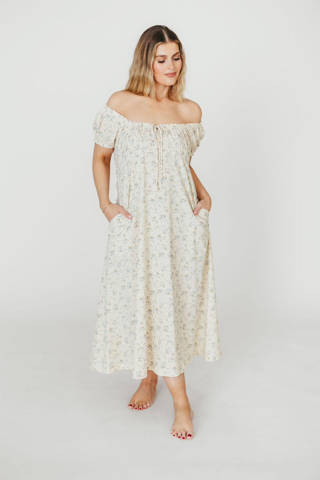 Marley 100% Cotton Midi Dress in Ivory/Blue - Bump Friendly