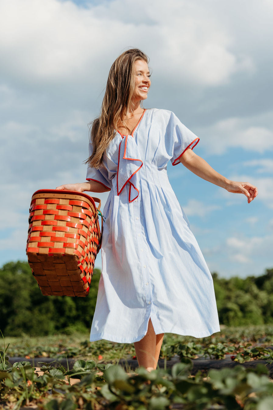 Delphine Midi Dress in Sky/Tomato
