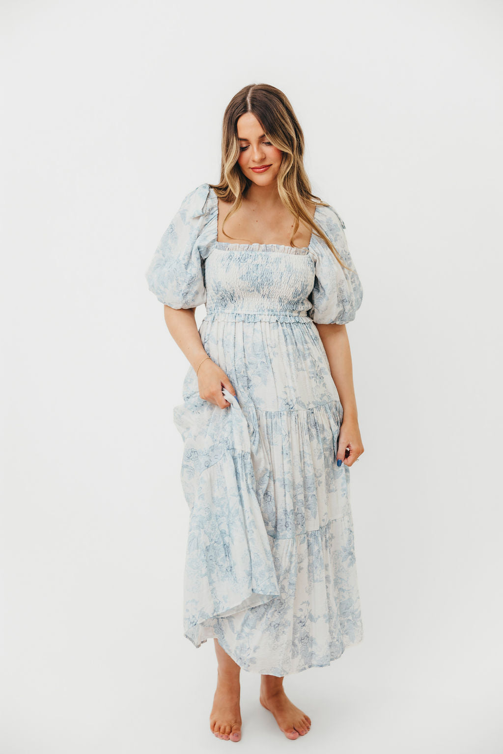 Elena Floral Print Smocked Midi Dress in Blue - Bump Friendly & Inclusive Sizing *7/20 PRE-ORDER*