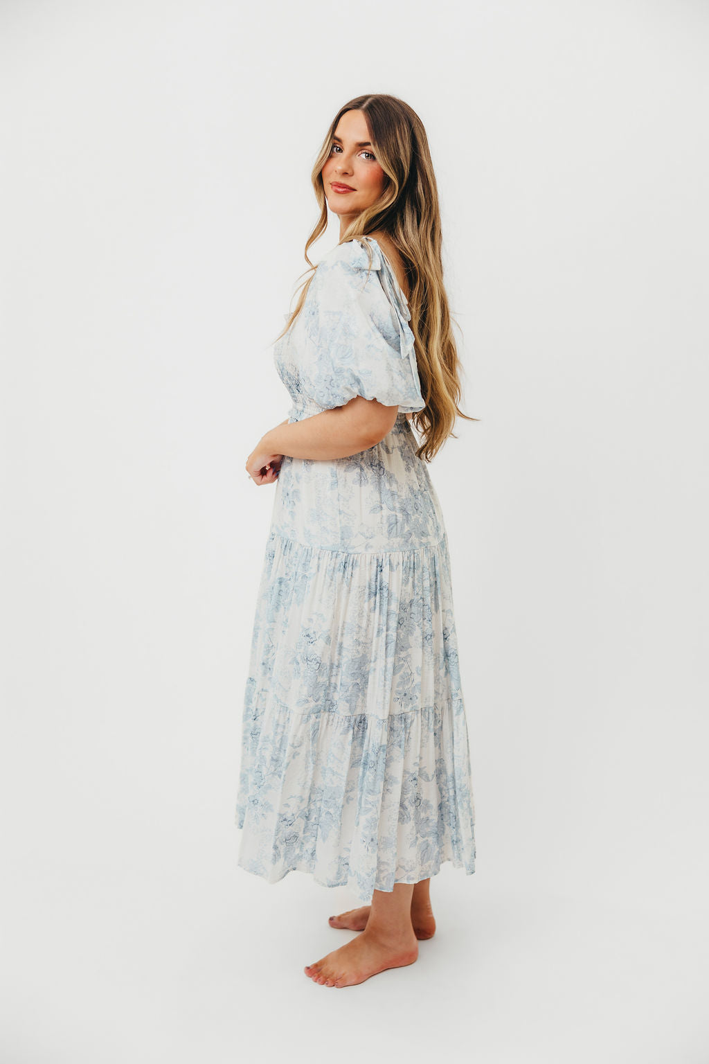 Elena Floral Print Smocked Midi Dress in Blue - Bump Friendly & Inclusive Sizing *7/20 PRE-ORDER*