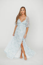 Daphne High Slit Eyelet Detail Maxi Dress in Blue/White Floral - Inclusive Sizing