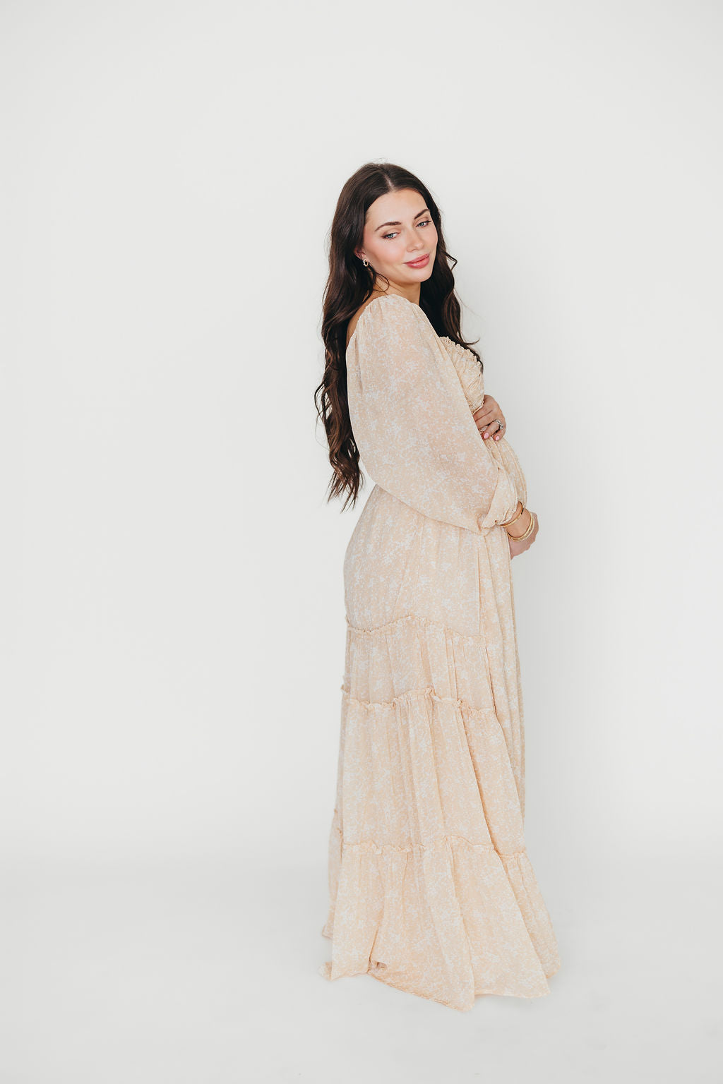 Daphne Long Sleeve Maxi Dress in Light Beige/White Floral - Bump Friendly