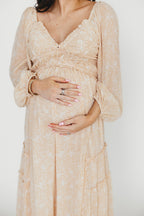 Daphne Long Sleeve Maxi Dress in Light Beige/White Floral - Bump Friendly
