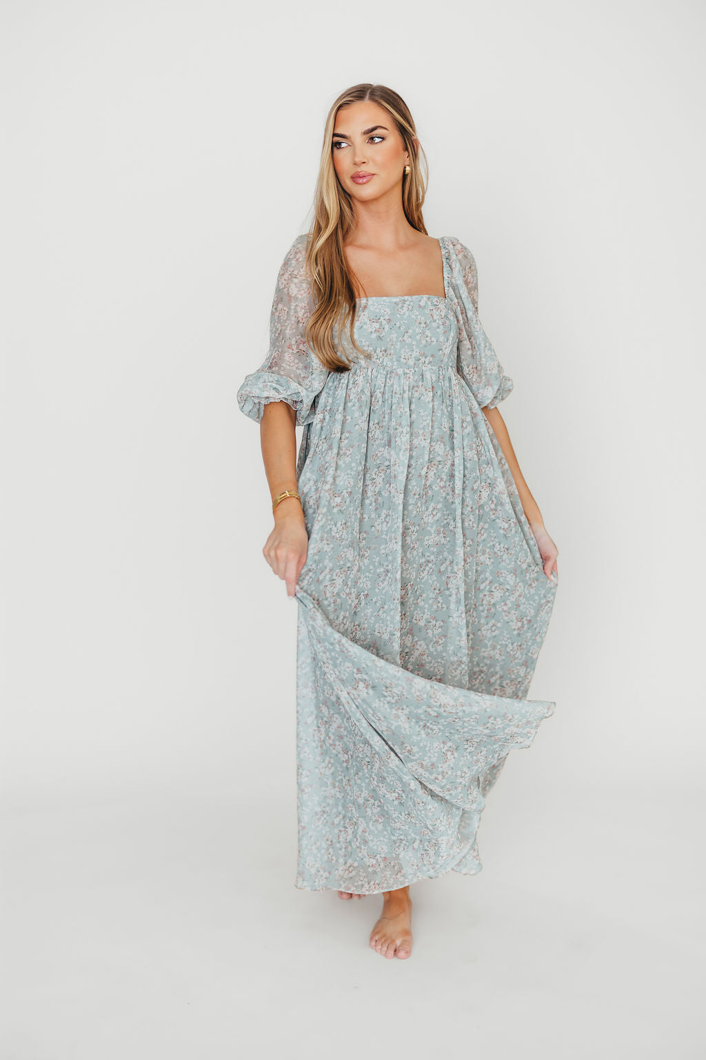 Mona Maxi Dress with Smocking in Sage Green Floral - Bump Friendly