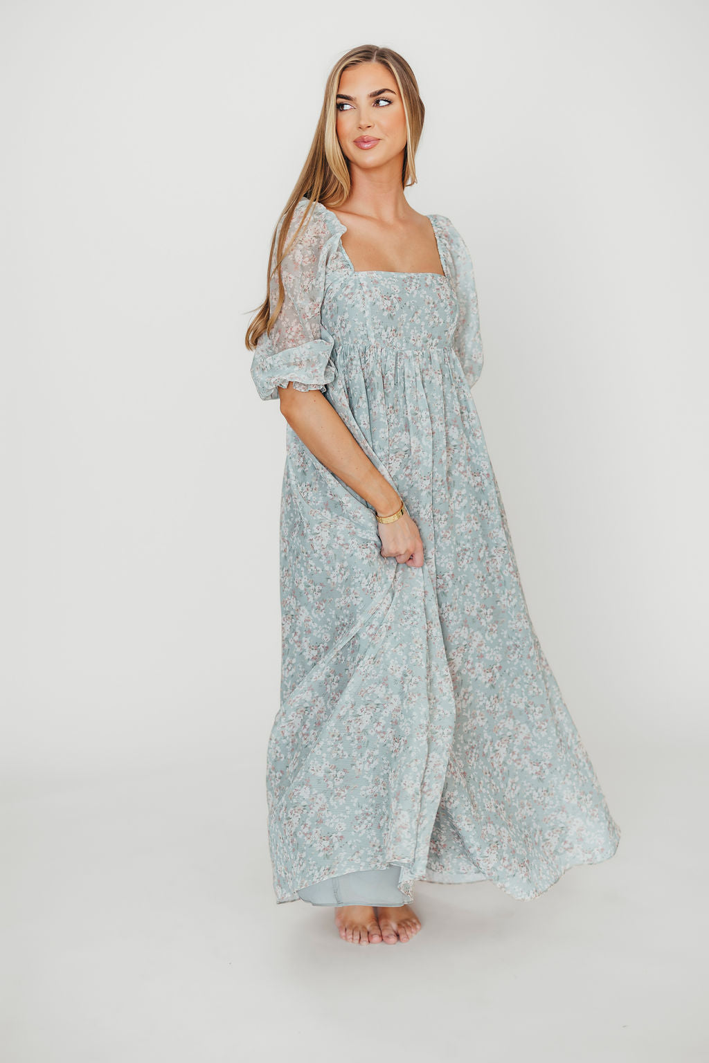 Mona Maxi Dress with Smocking in Sage Green Floral - Bump Friendly