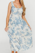 Skyla 100% Cotton Toile Midi Dress with Tie in Blue