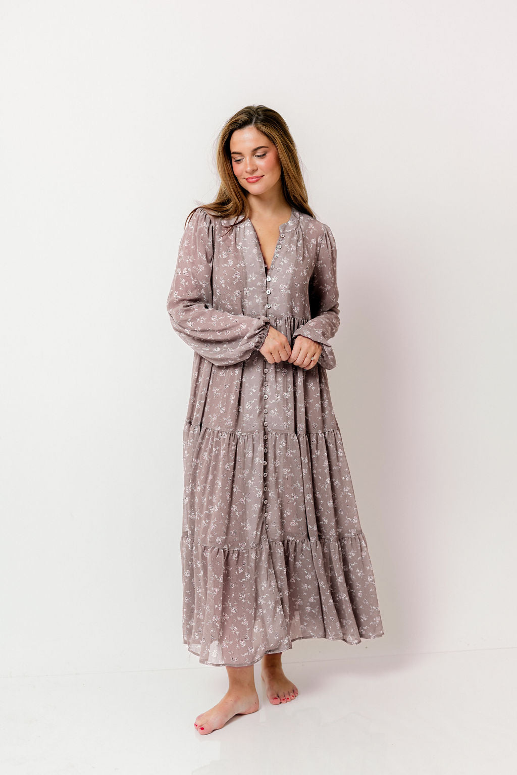 Anna Floral Print Button Front Duster Maxi W/Slip in Mocha Multi - Bump Friendly