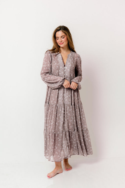 Anna Floral Print Button Front Duster Maxi W/Slip in Mocha Multi - Bump Friendly