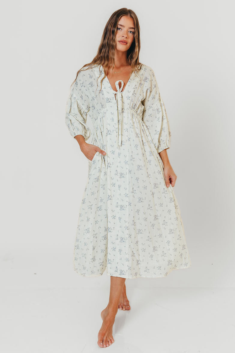 Hunter 100% Cotton Midi Dress in Off White/Blue - Bump Friendly & Inclusive Sizing
