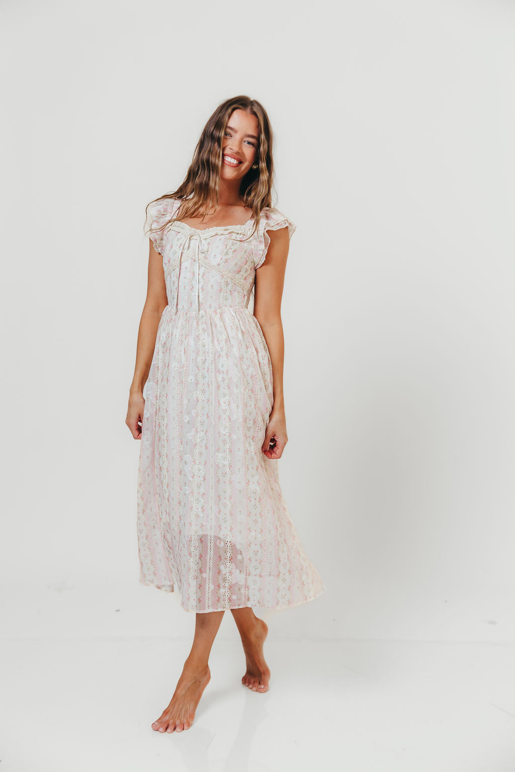 Leighton Vintage Lace Stripe Cottage Midi Dress in Pink